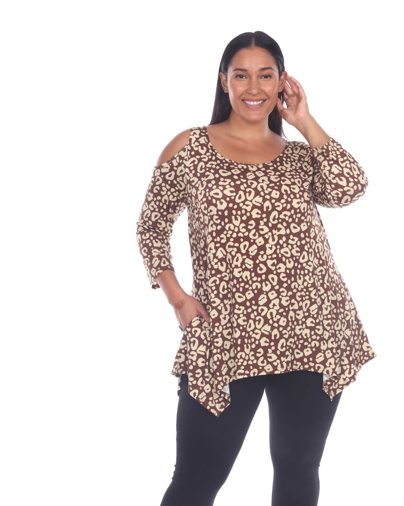 Front of a model wearing a size 2X Leopard Cold Shoulder Tunic Top in Brown Leopard by White Mark. | dia_product_style_image_id:257711